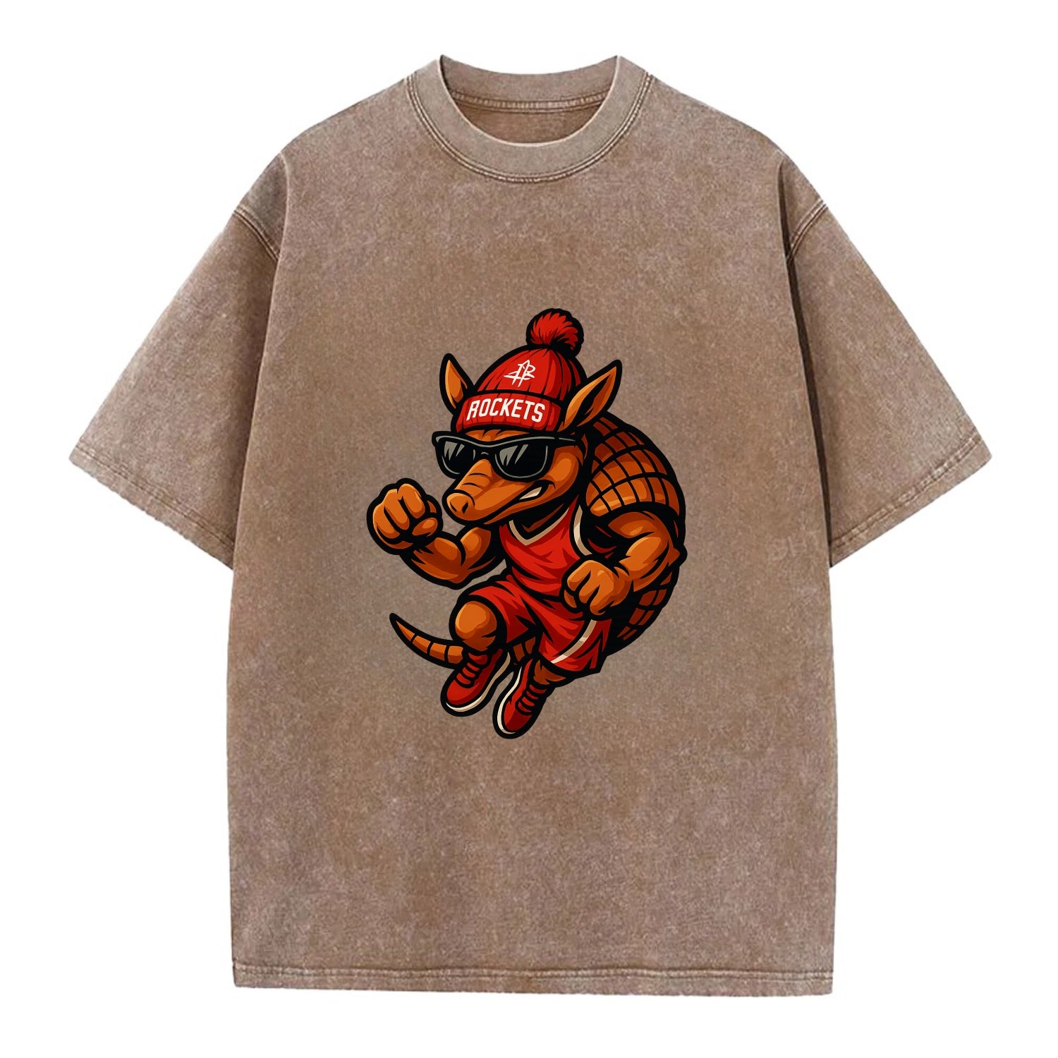 Houston Armadillo wearing Rockets red and silver beanie with rocket ship and - Vintage T-shirt - Brown