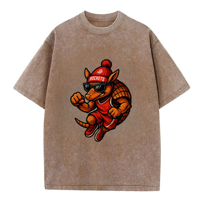 Houston Armadillo wearing Rockets red and silver beanie with rocket ship and - Vintage T-shirt - Brown