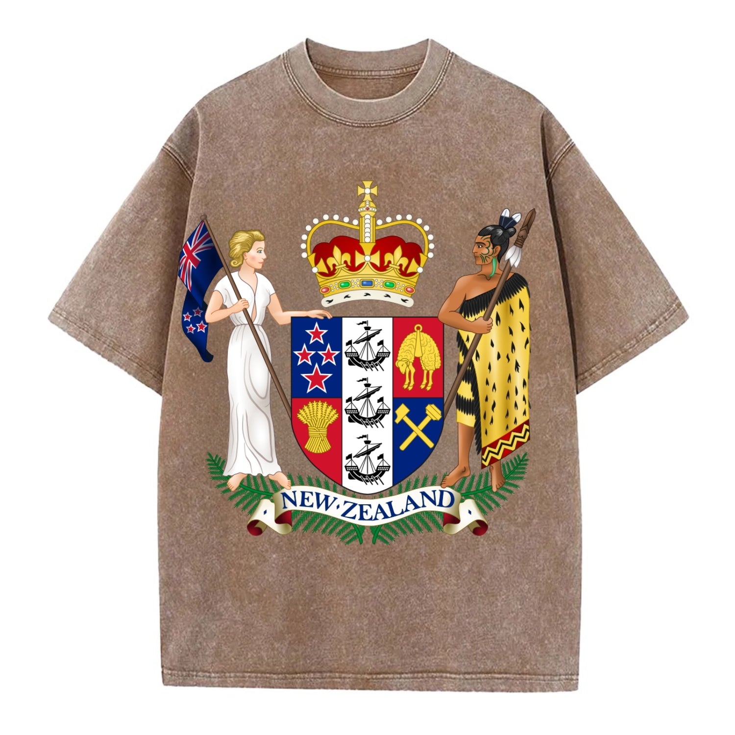 Coat Of Arms Of New Zealand - Vintage T-shirt - Brown