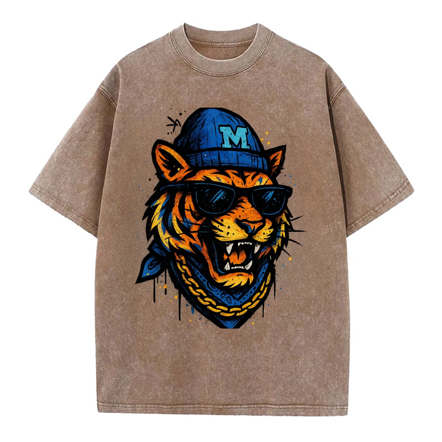 Memphis Tiger wearing Memphis beanie with M patch - Vintage T-shirt - Brown
