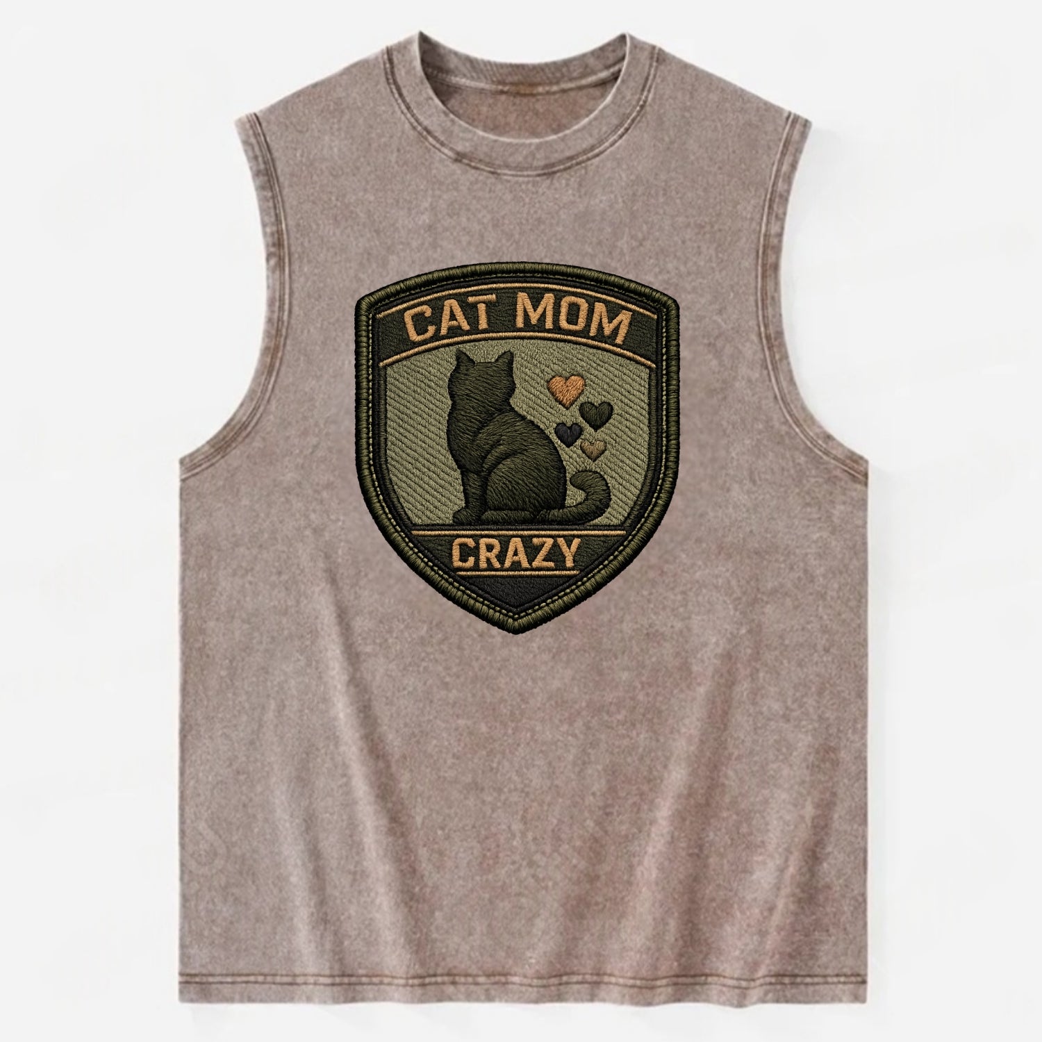 CAT MOM CRAZY - cat silhouette with hearts in purple , cat lady - Vintage Washed Tank - Brown