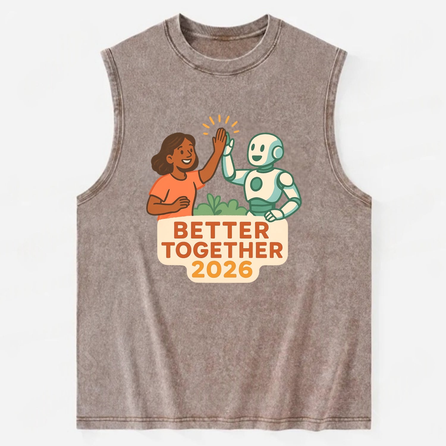 Human and AI robot high-fiving as collaborative partners - "Better Together - Vintage Washed Tank - Brown