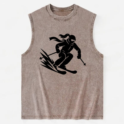 Skier carving down snowy slope - Vintage Washed Tank - Brown