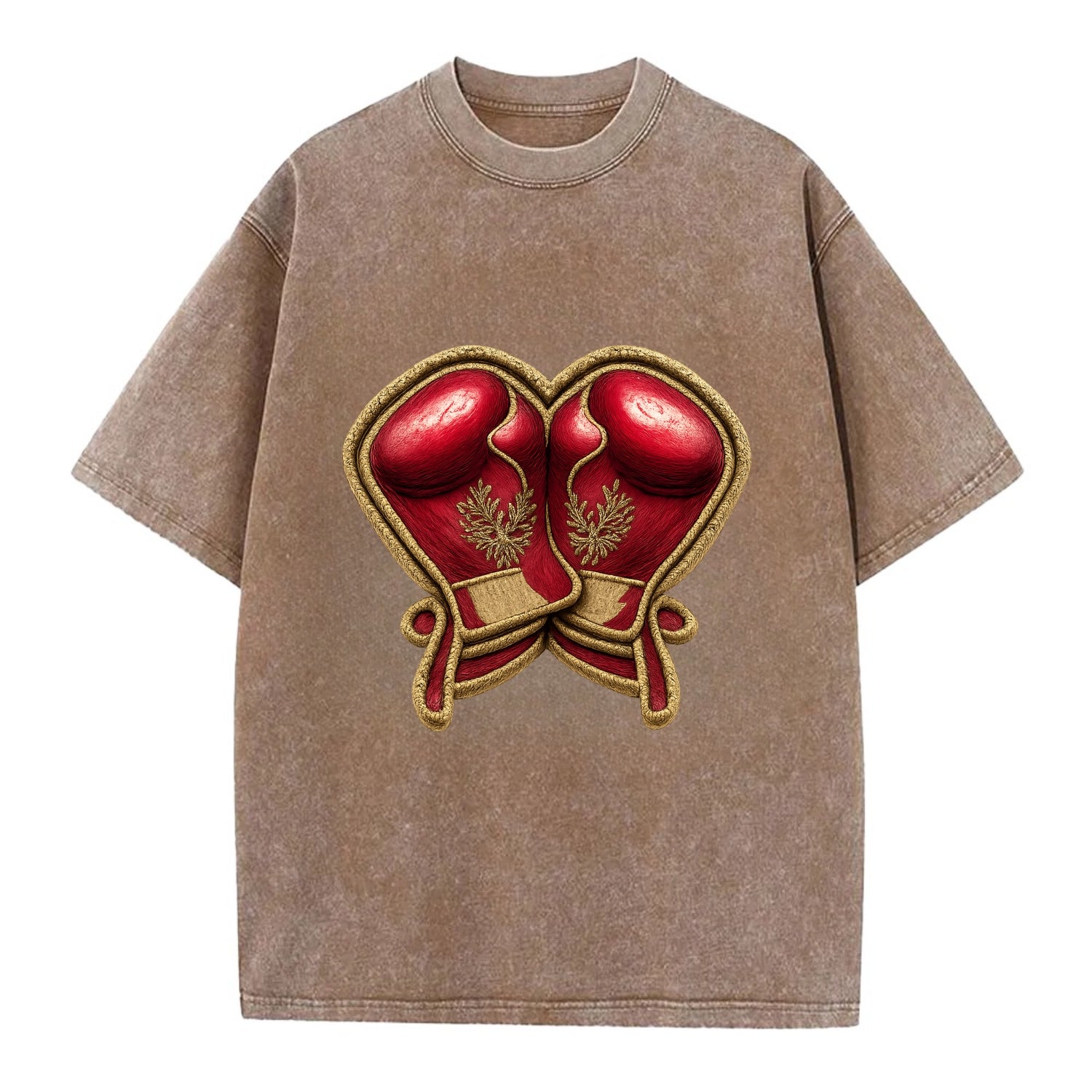Embroidered patch design - BOXING GLOVES - red boxing gloves crossed in crimson - Vintage T-shirt - Brown