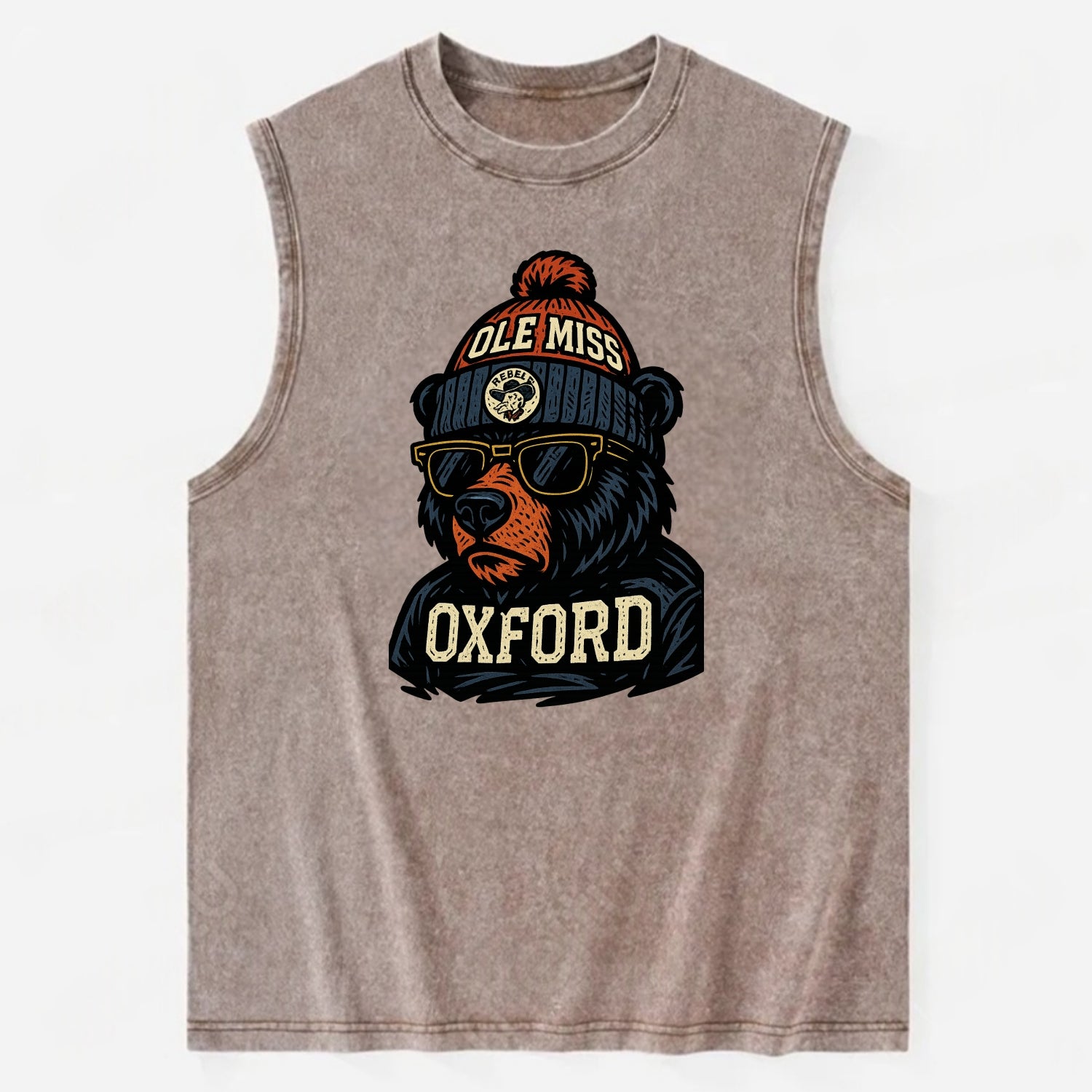 Oxford Black Bear wearing Ole Miss beanie with rebel patch - Vintage Washed Tank - Brown