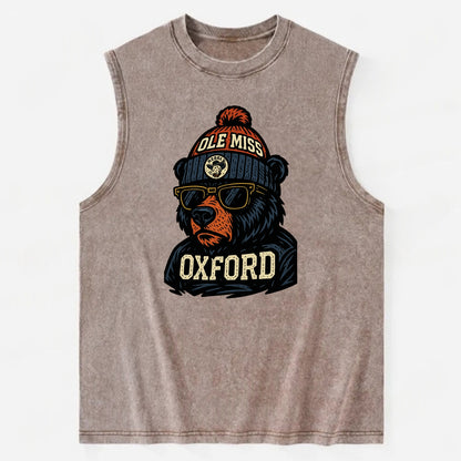 Oxford Black Bear wearing Ole Miss beanie with rebel patch - Vintage Washed Tank - Brown