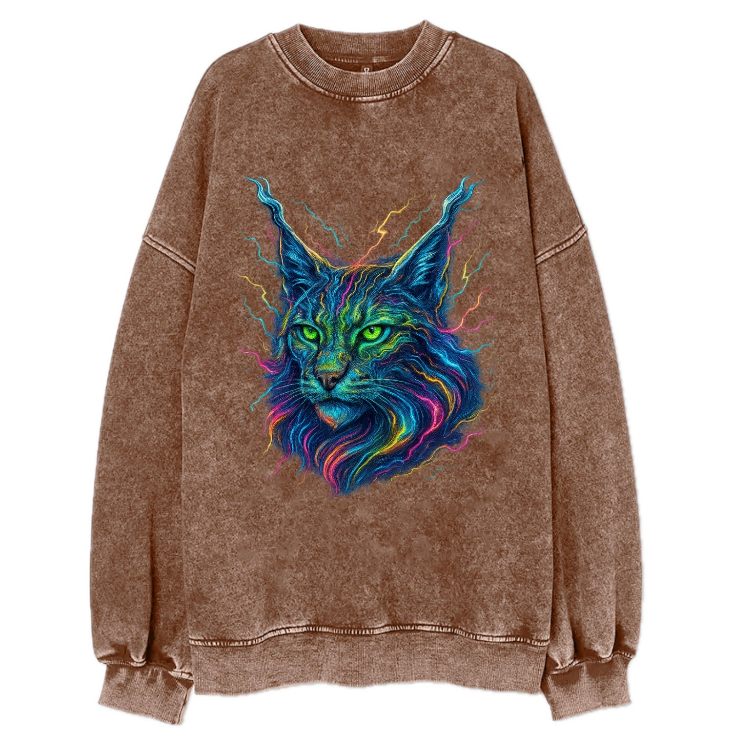 Wild lynx with ear tufts transforming into liquid mercury flows, silver and - Vintage Sweatshirt - Brown