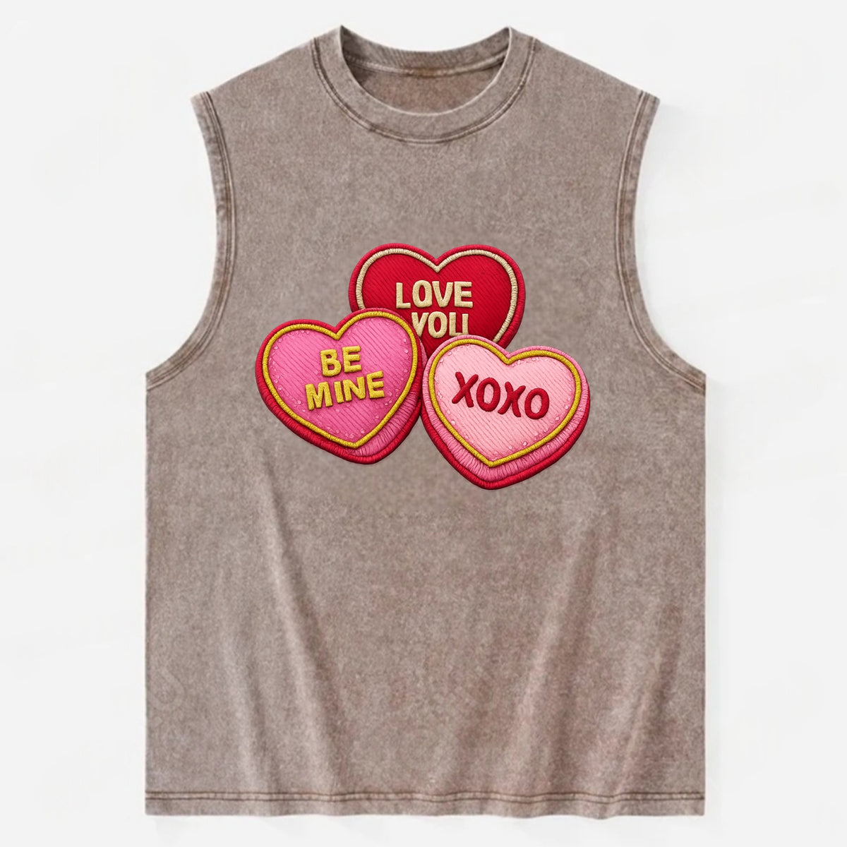 VALENTINES HEARTS - candy hearts in pink and red , love day - Vintage Washed Tank - Brown