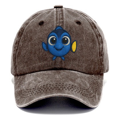 Baby Blue Tang - bright blue with yellow tail, big eyes, front-facing, Dory-style - Classic Cap - Brown