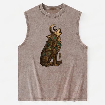 Celestial Moon Wolf  - Vintage Washed Tank - Brown