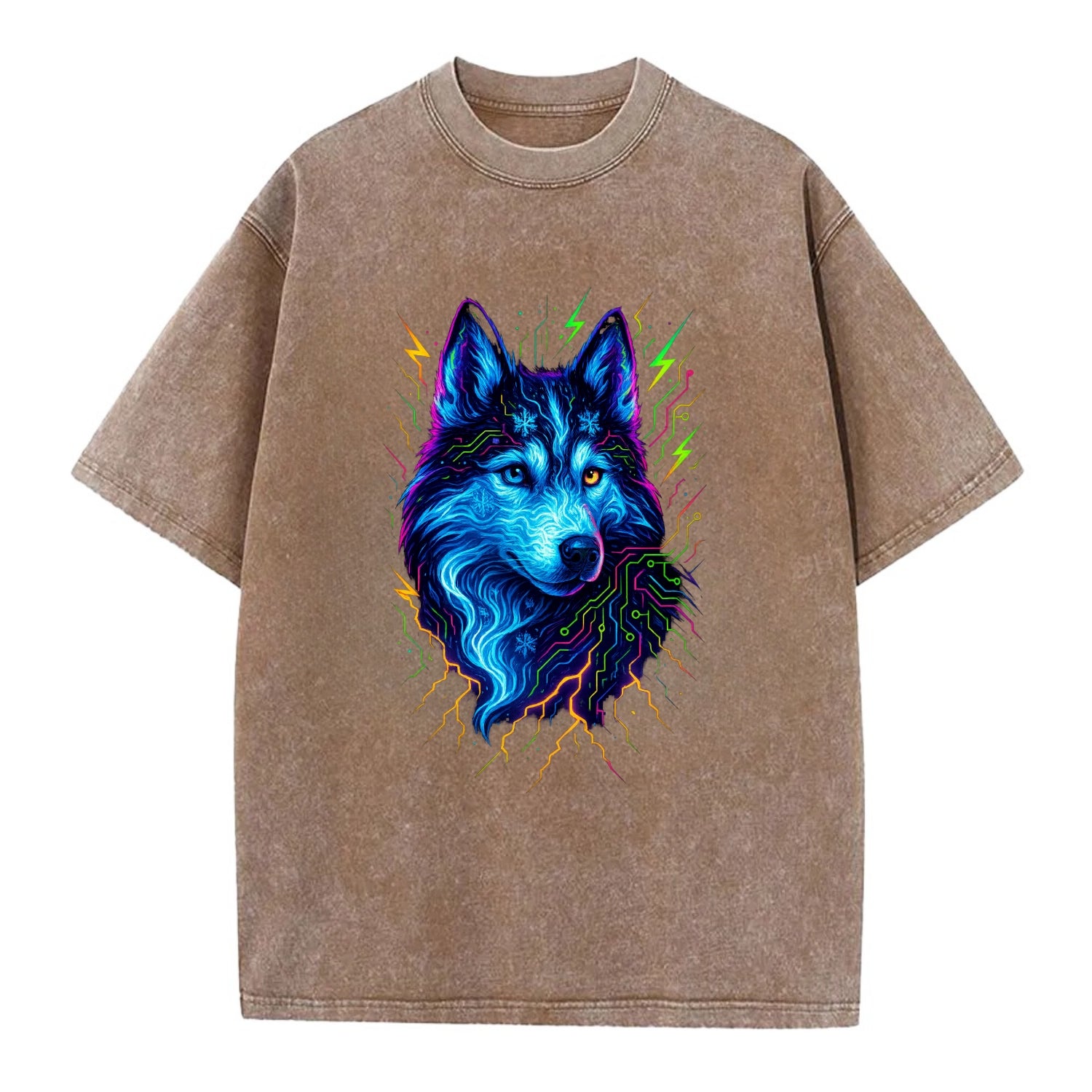 Siberian husky with ice-crystal flowing patterns, electric blue and white swirls, - Vintage T-shirt - Brown