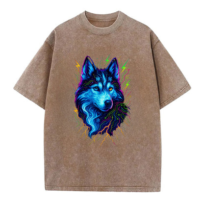 Siberian husky with ice-crystal flowing patterns, electric blue and white swirls, - Vintage T-shirt - Brown