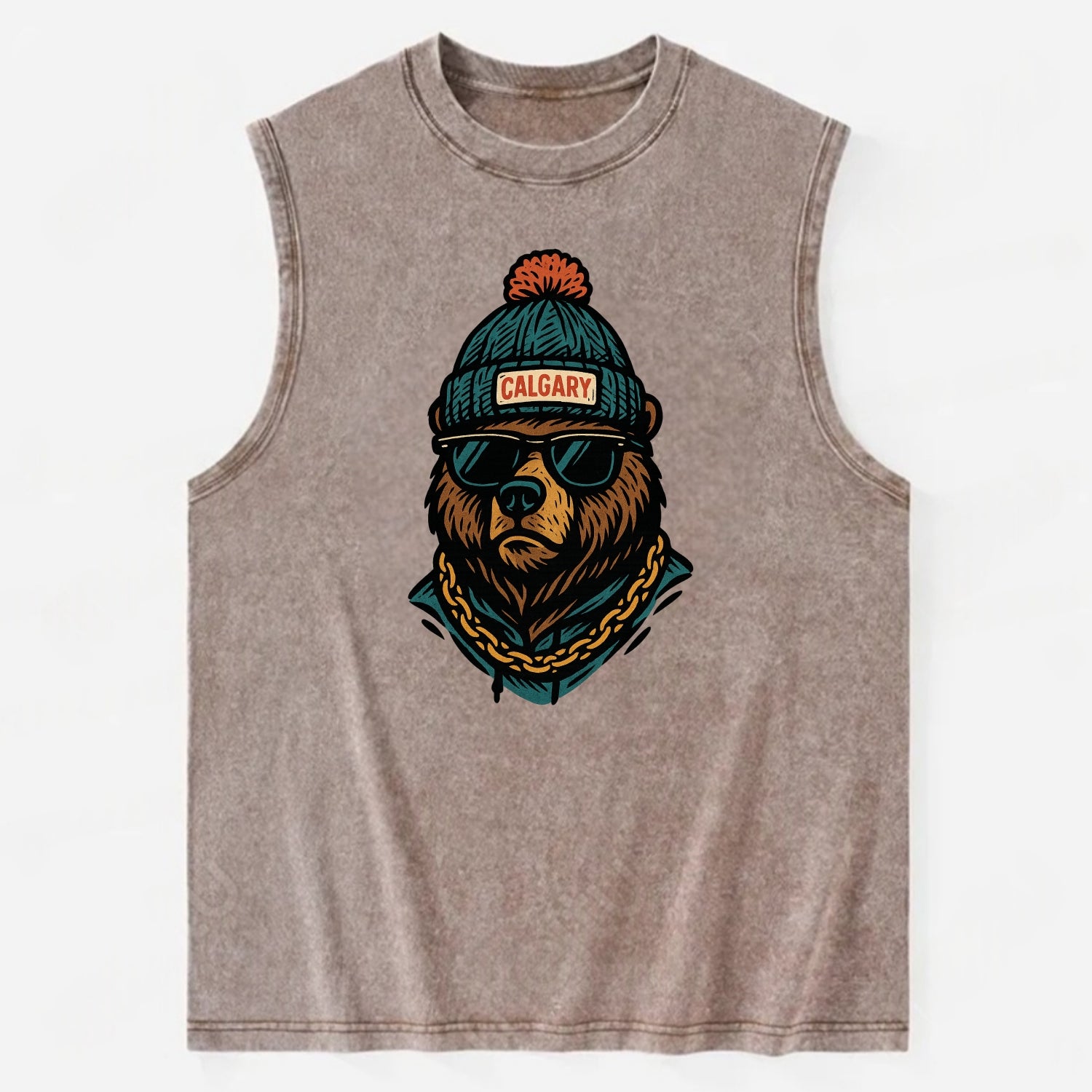 Calgary Grizzly Bear wearing Calgary beanie with pom pom and wayfarer - Vintage Washed Tank - Brown