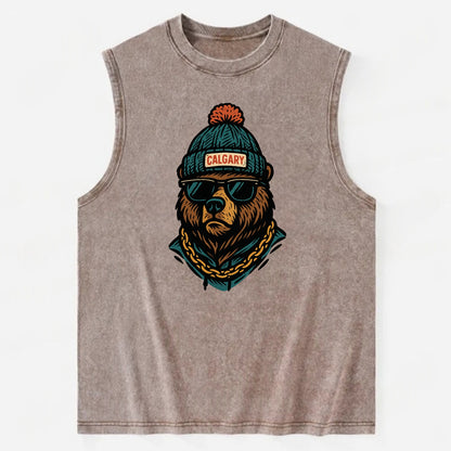 Calgary Grizzly Bear wearing Calgary beanie with pom pom and wayfarer - Vintage Washed Tank - Brown
