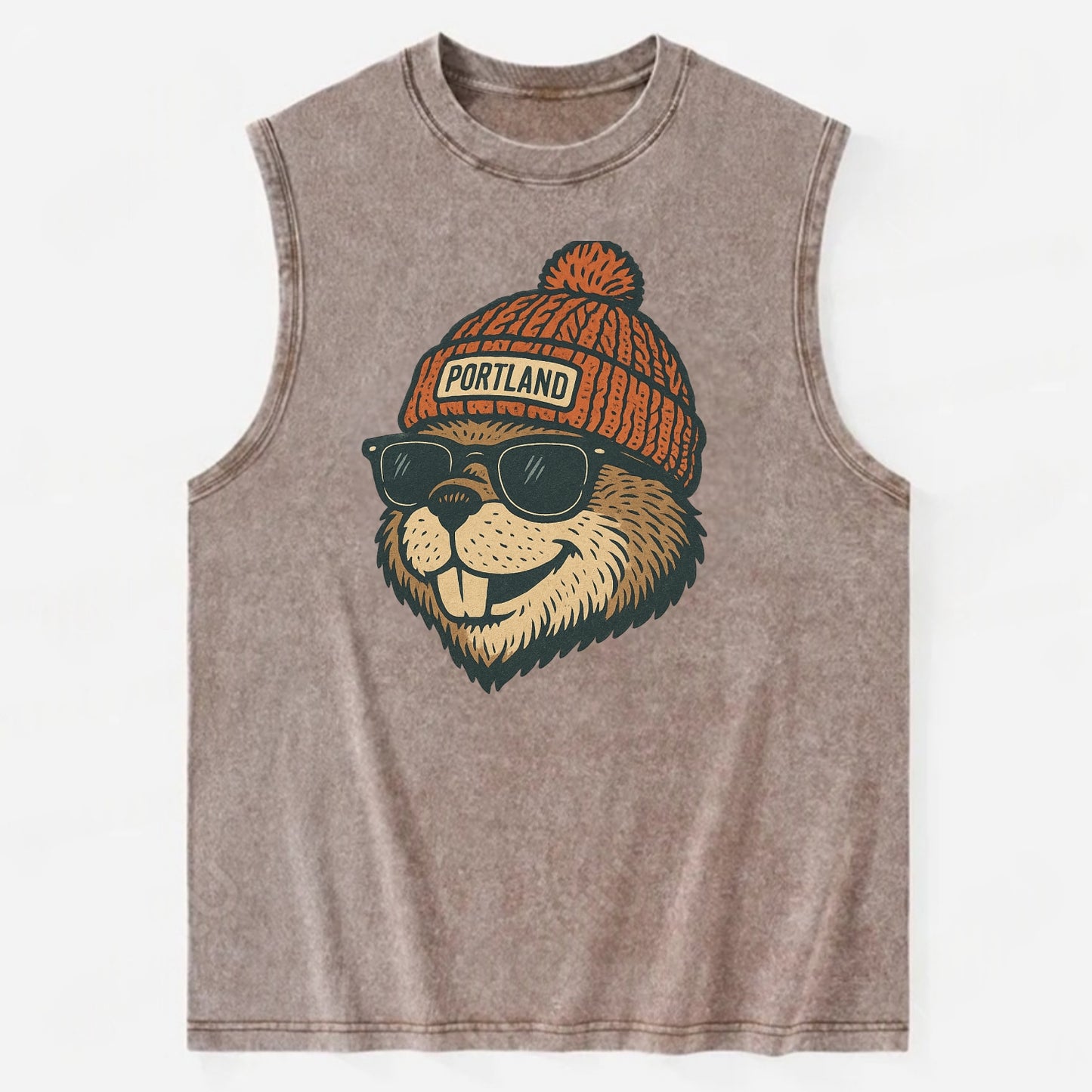 Oregon Beaver wearing Portland beanie with pom pom and wayfarer sunglasses - Vintage Washed Tank - Brown