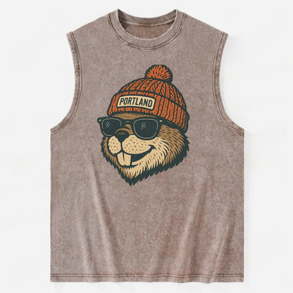 Oregon Beaver wearing Portland beanie with pom pom and wayfarer sunglasses - Vintage Washed Tank - Brown