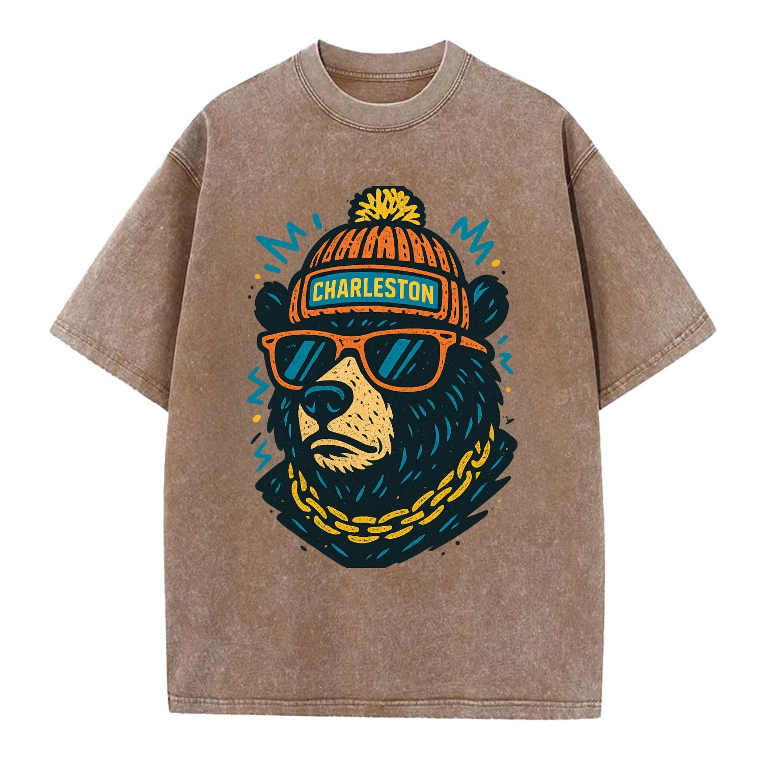 West Virginia Black Bear wearing Charleston beanie with pom pom and wayfarer - Vintage T-shirt - Brown