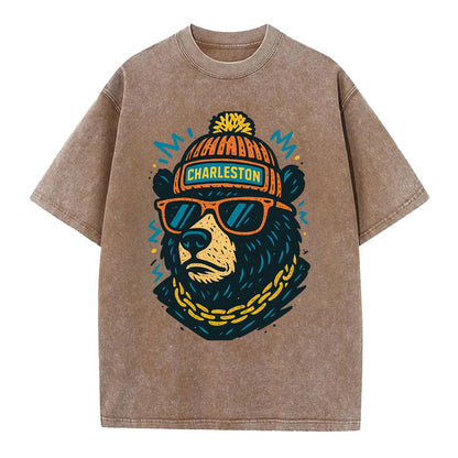 West Virginia Black Bear wearing Charleston beanie with pom pom and wayfarer - Vintage T-shirt - Brown