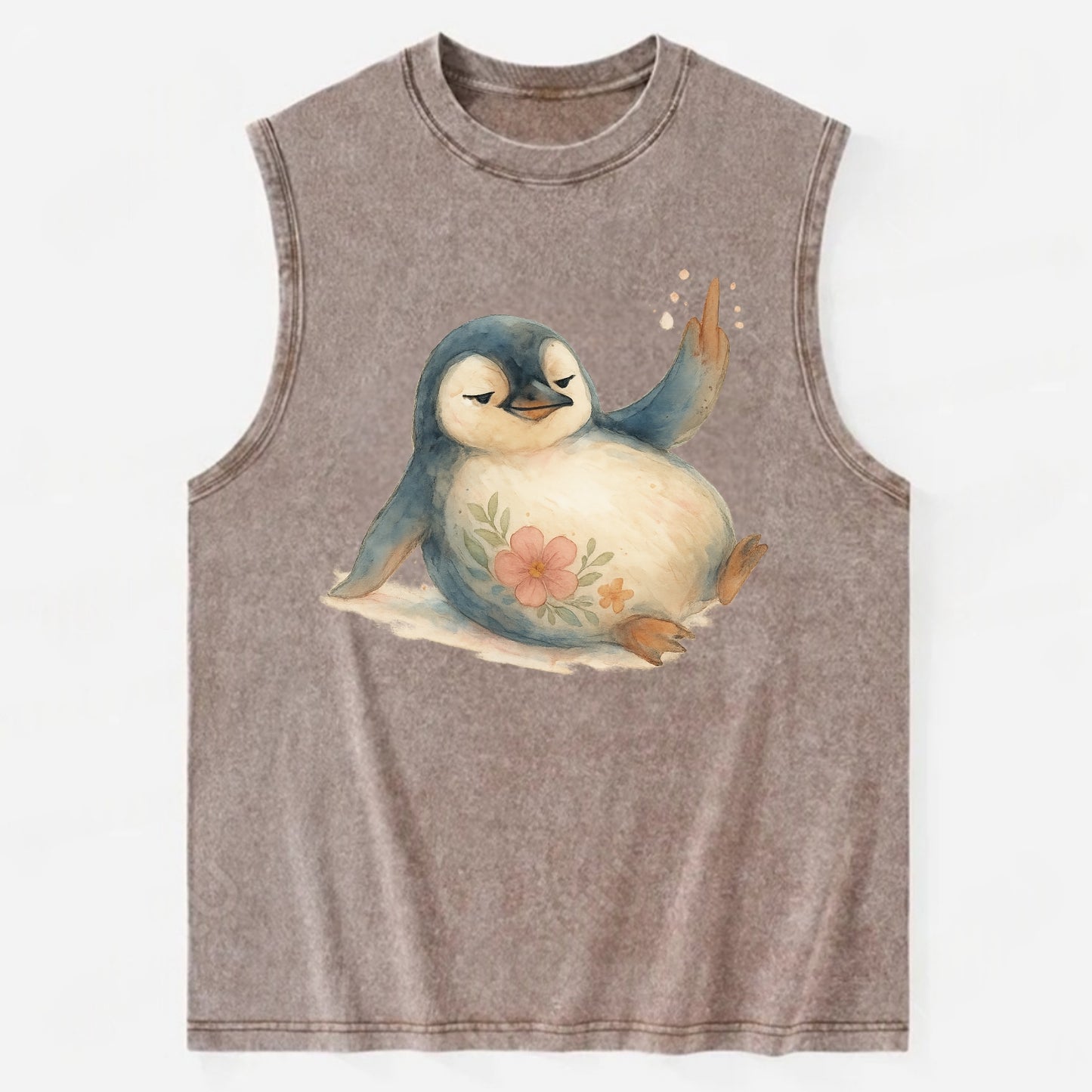 chubby penguin sliding on belly, one flipper up giving attitude - Vintage Washed Tank - Brown