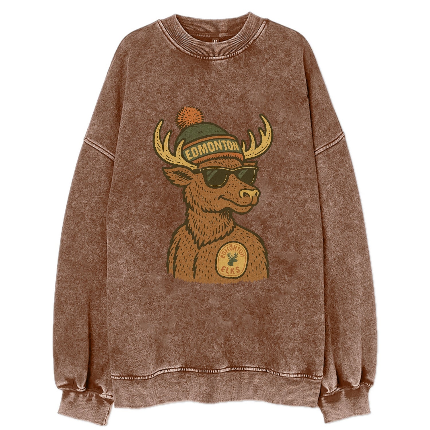 Edmonton Elk wearing Edmonton beanie with pom pom and wayfarer sunglasses - Vintage Sweatshirt - Brown