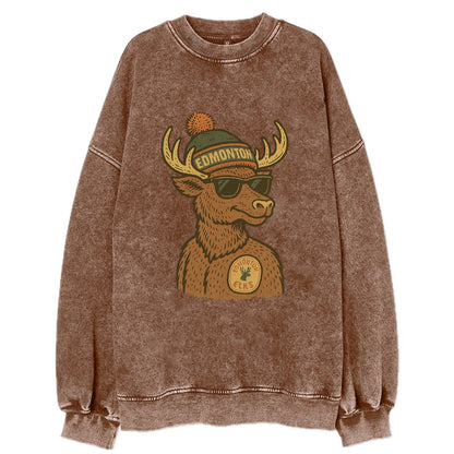 Edmonton Elk wearing Edmonton beanie with pom pom and wayfarer sunglasses - Vintage Sweatshirt - Brown