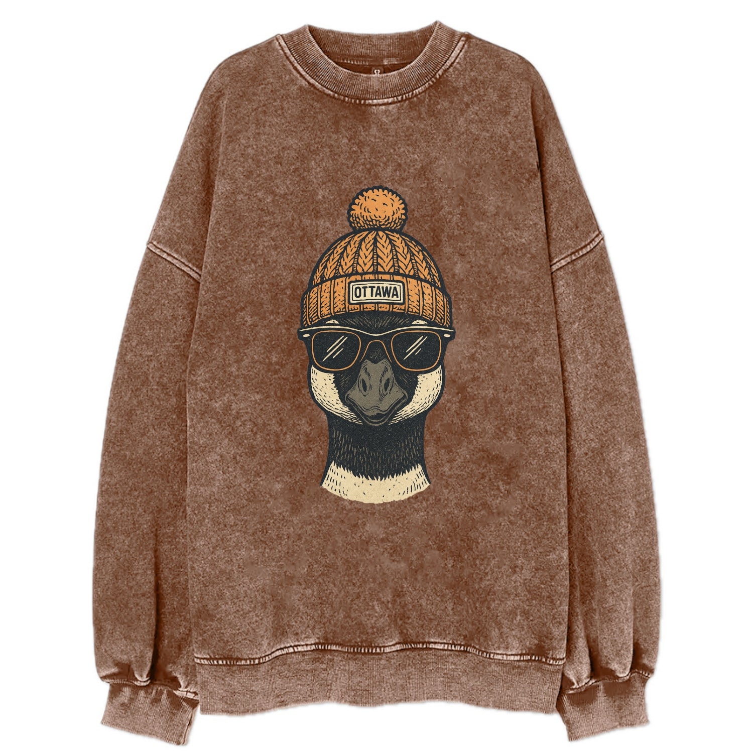 Ottawa Canadian Goose wearing Ottawa beanie with pom pom and wayfarer - Vintage Sweatshirt - Brown