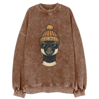 Ottawa Canadian Goose wearing Ottawa beanie with pom pom and wayfarer - Vintage Sweatshirt - Brown