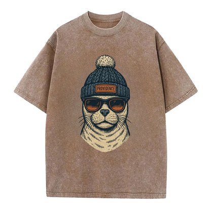 Rhode Island Harbor Seal wearing Providence beanie with pom pom and wayfarer - Vintage T-shirt - Brown