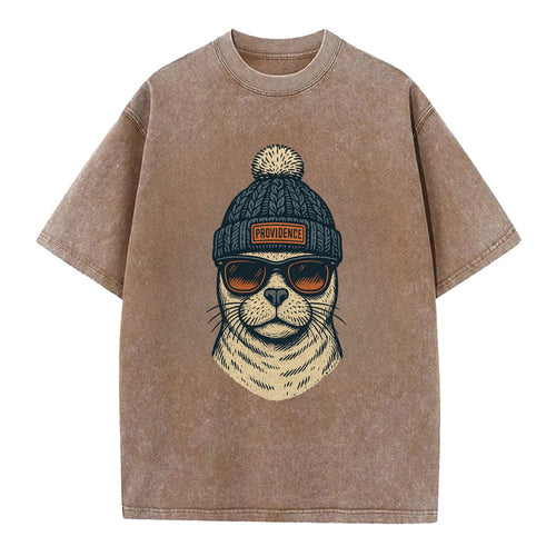 Rhode Island Harbor Seal wearing Providence beanie with pom pom and wayfarer - Vintage T-shirt