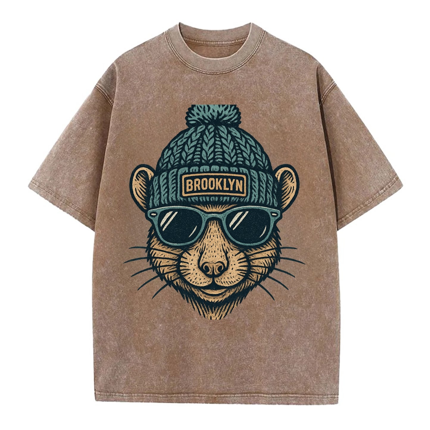 NYC Rat wearing Brooklyn beanie with pom pom and wayfarer sunglasses - Vintage T-shirt - Brown