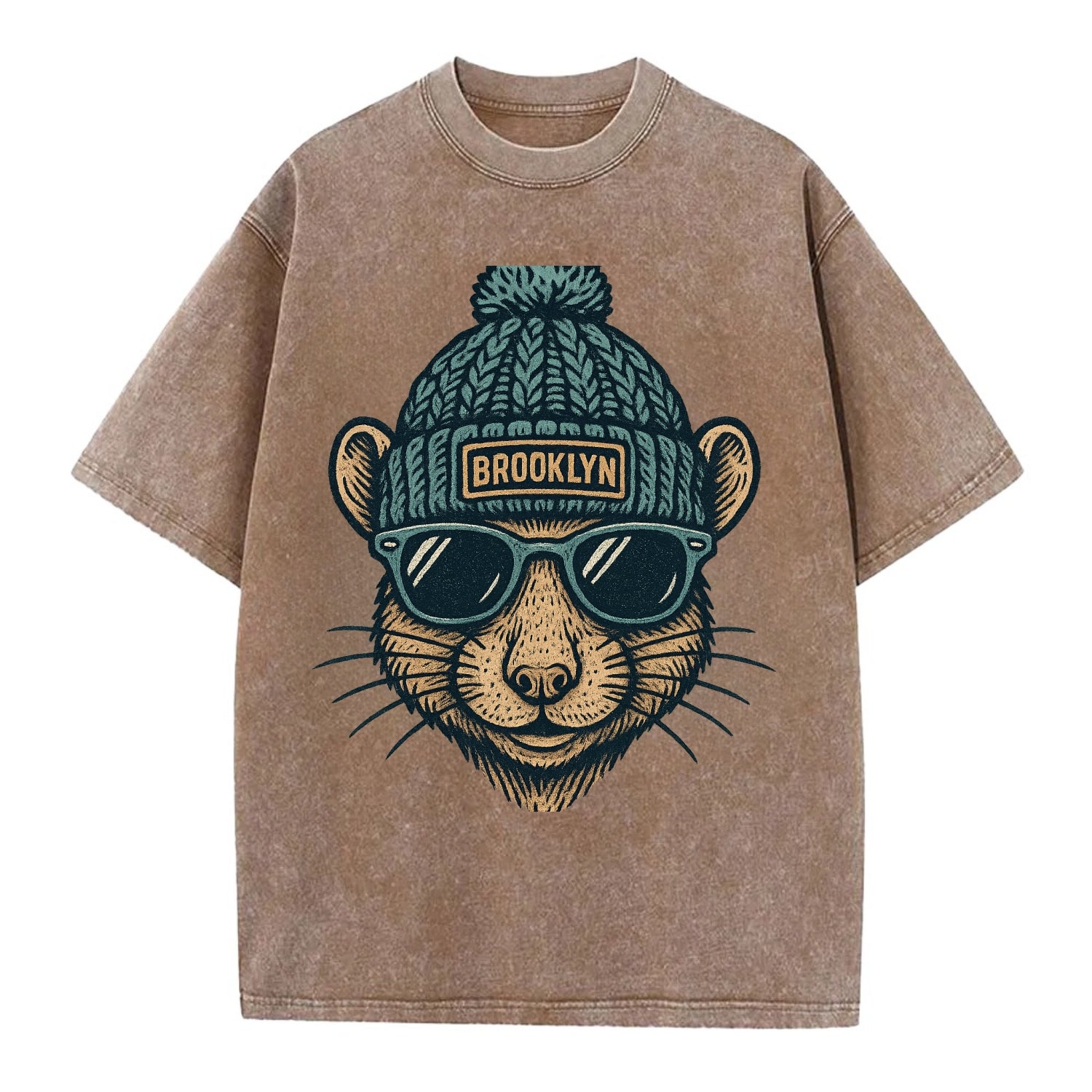 NYC Rat wearing Brooklyn beanie with pom pom and wayfarer sunglasses - Vintage T-shirt - Brown