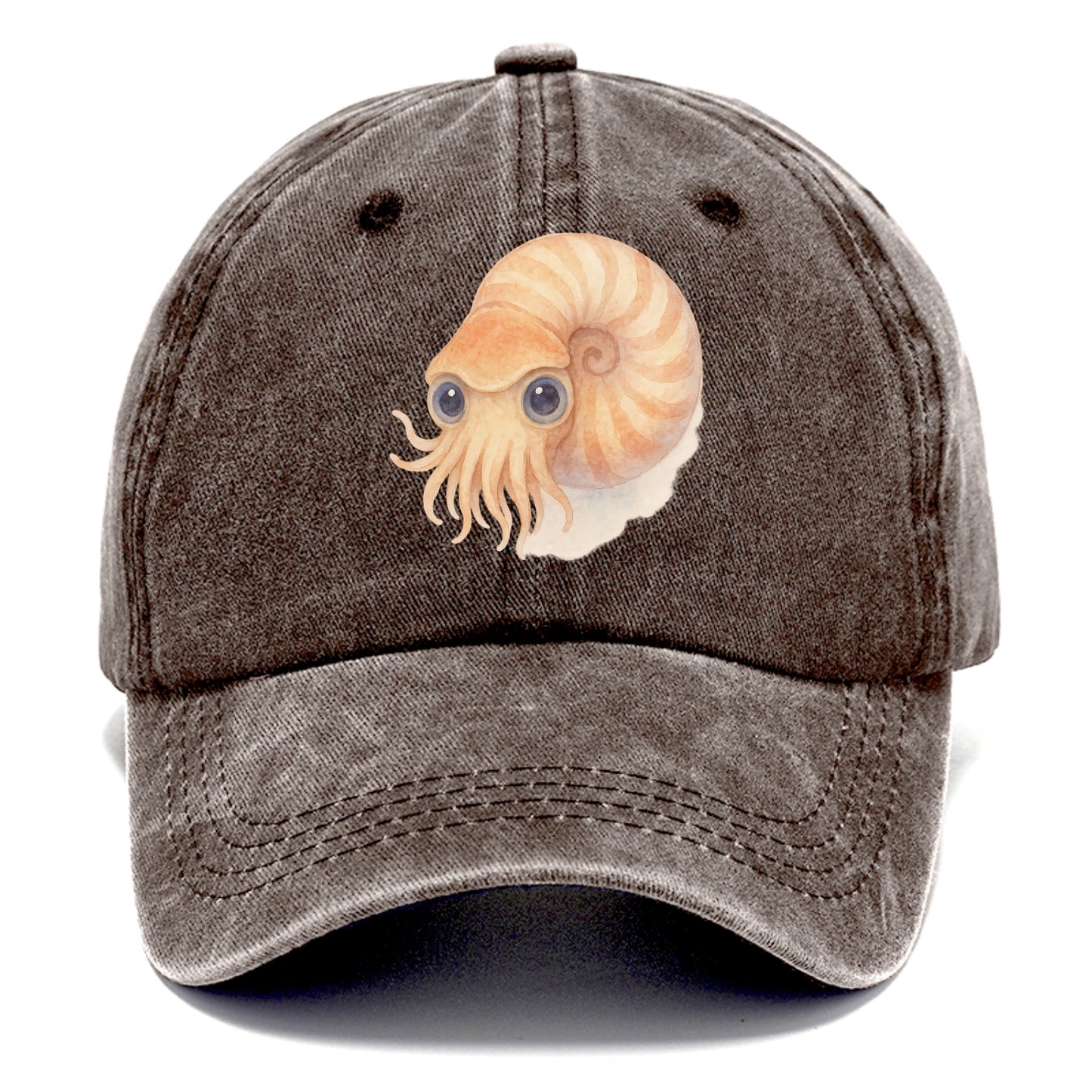 Baby Nautilus - spiral shell, tentacles peeking, ancient eyes, front-facing, living - Classic Cap - Brown