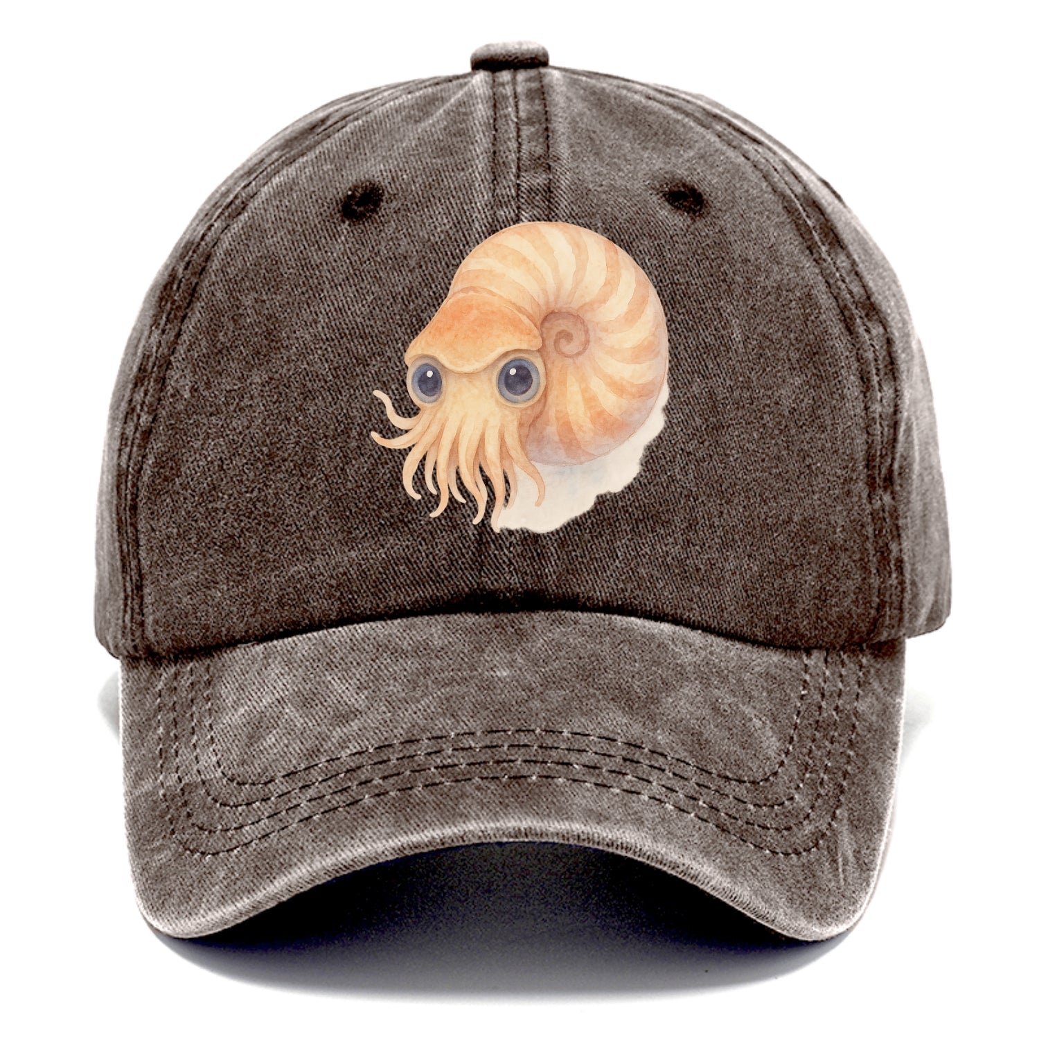 Baby Nautilus - spiral shell, tentacles peeking, ancient eyes, front-facing, living - Classic Cap - Brown