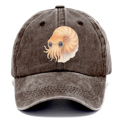 Baby Nautilus - spiral shell, tentacles peeking, ancient eyes, front-facing, living - Classic Cap - Brown