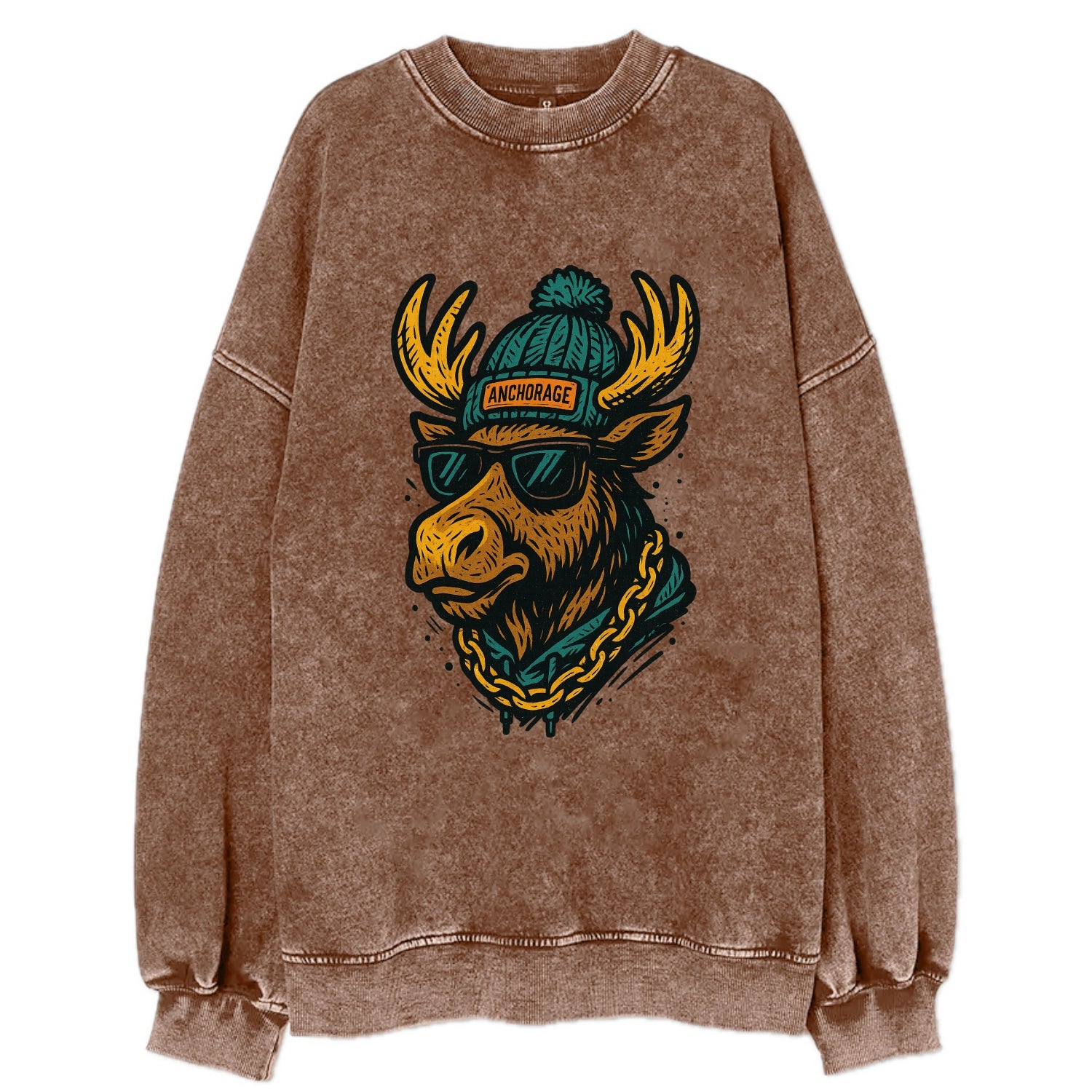 Alaska Moose wearing Anchorage beanie with pom pom and wayfarer sunglasses - Vintage Sweatshirt - Brown
