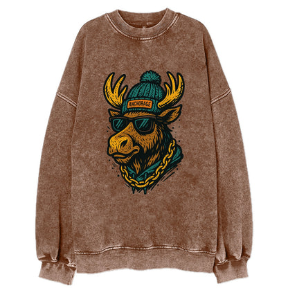 Alaska Moose wearing Anchorage beanie with pom pom and wayfarer sunglasses - Vintage Sweatshirt - Brown