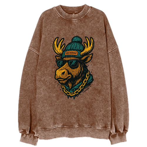 Alaska Moose wearing Anchorage beanie with pom pom and wayfarer sunglasses - Vintage Sweatshirt
