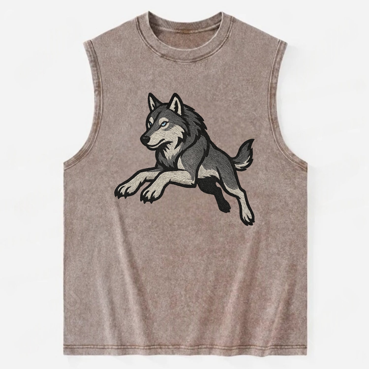 Wolf Leaping Action  - Vintage Washed Tank - Brown