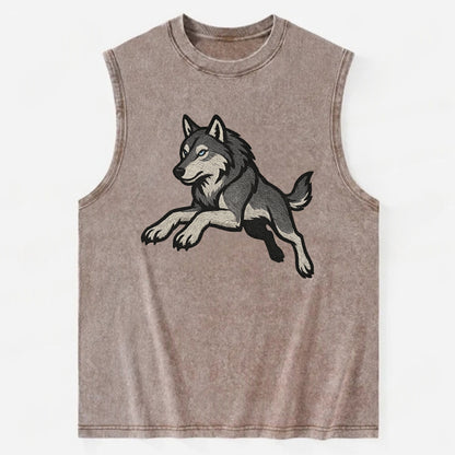 Wolf Leaping Action  - Vintage Washed Tank - Brown
