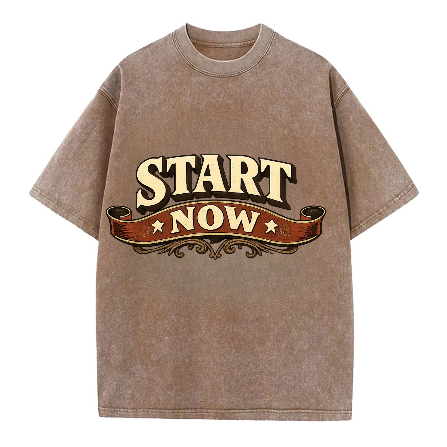 Bold typography design - "START NOW" - begin immediately, no delay - Vintage T-shirt - Brown