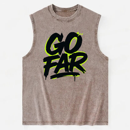 Bold typography design - "GO FAR" - distance goals, pushing limits - Vintage Washed Tank - Brown
