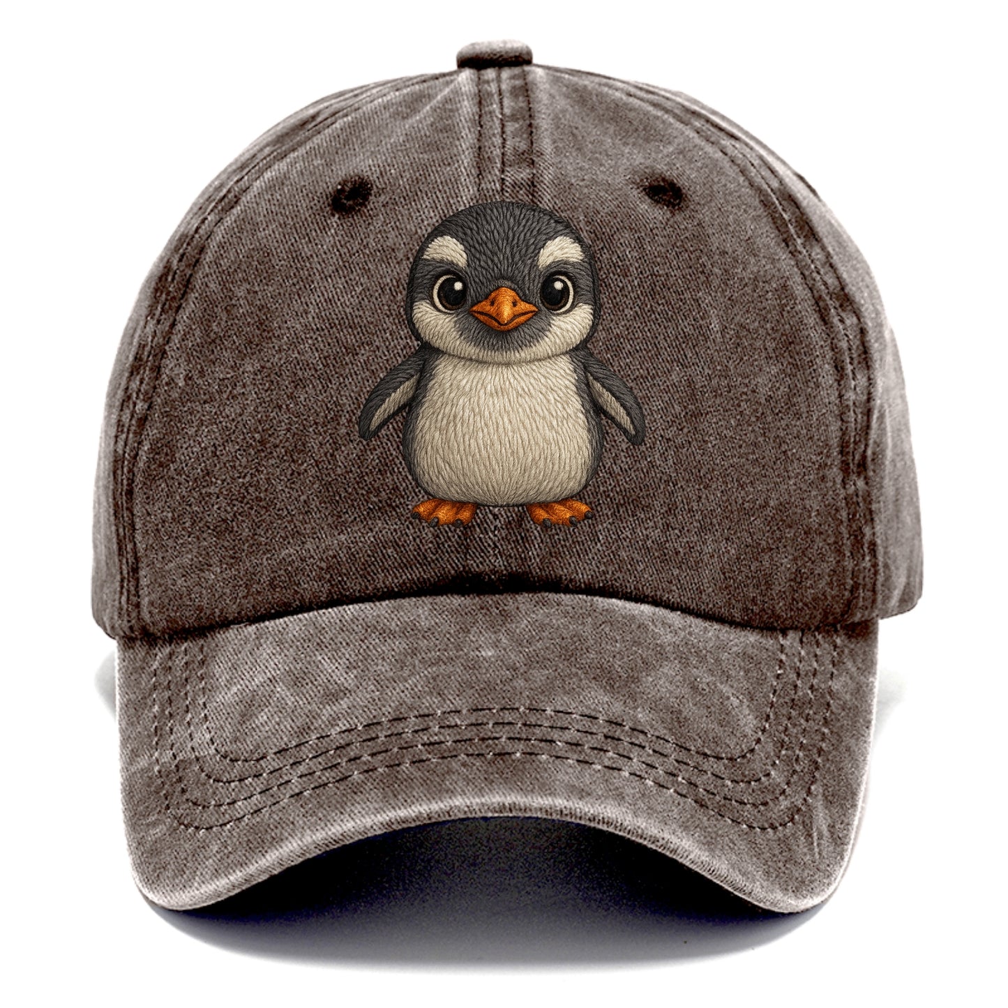Baby Gentoo Penguin - orange beak, white cap, bright eyes, front-facing, energetic - Classic Cap - Brown