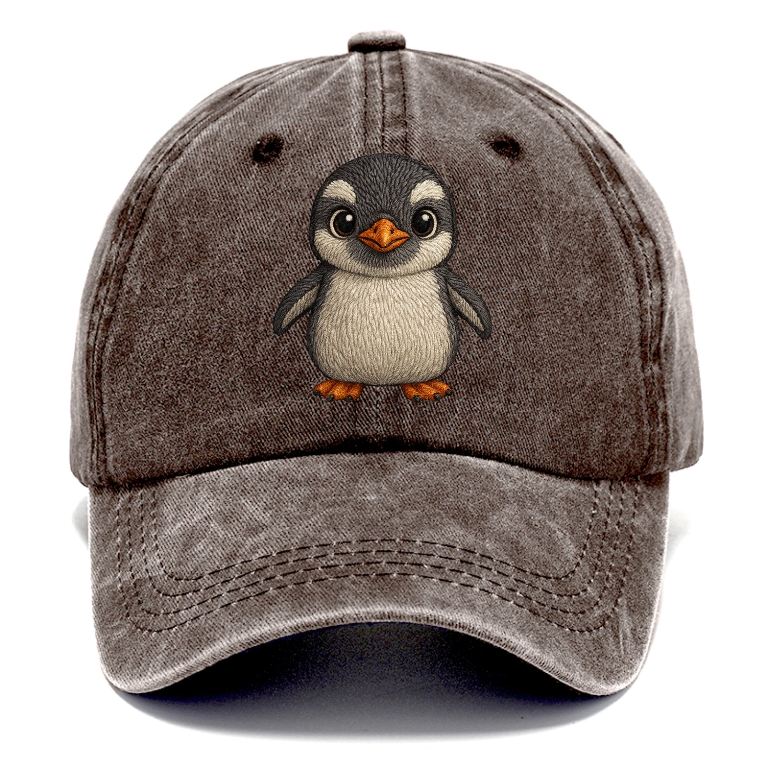 Baby Gentoo Penguin - orange beak, white cap, bright eyes, front-facing, energetic - Classic Cap - Brown