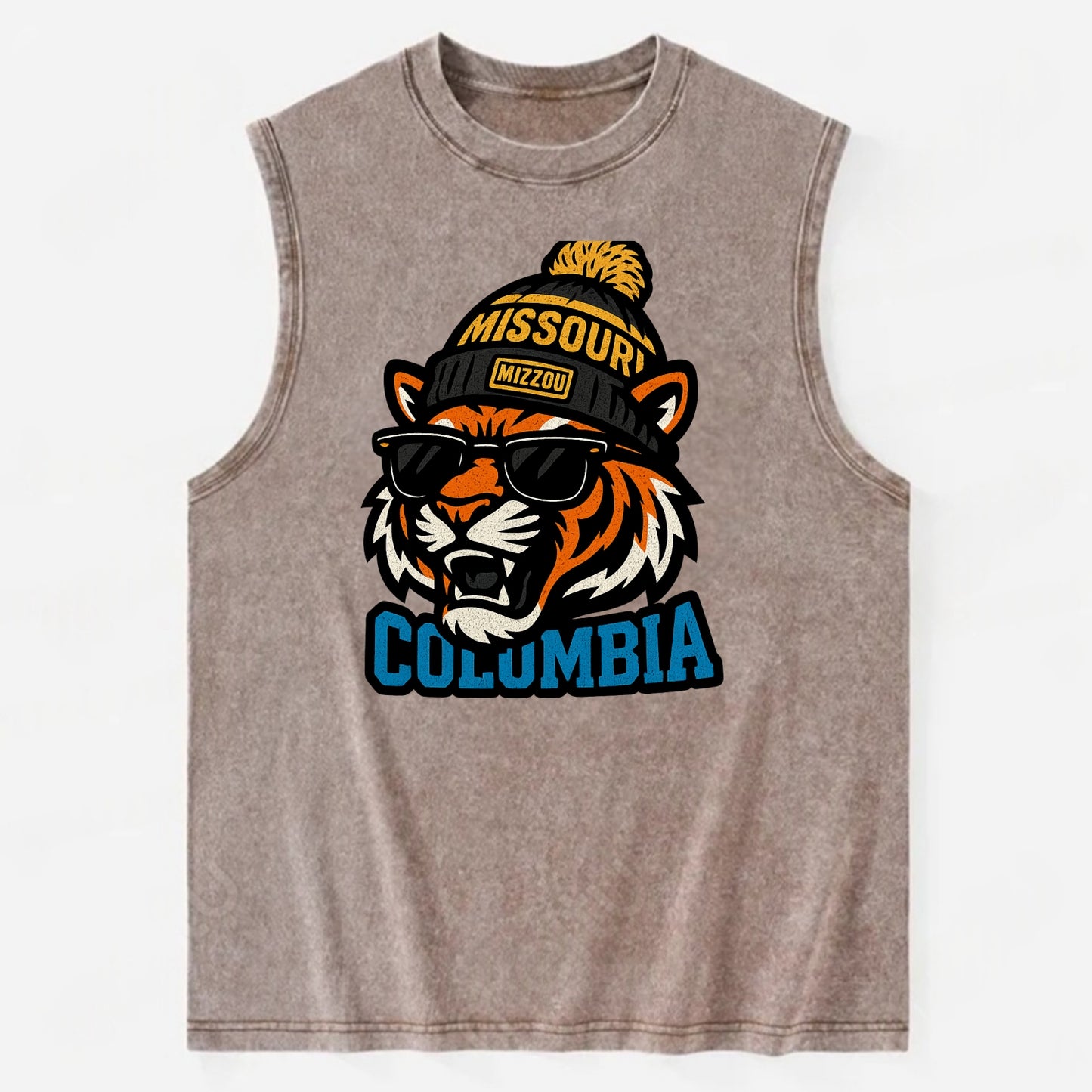 Columbia Tiger wearing Missouri beanie with Mizzou patch - Vintage Washed Tank - Brown