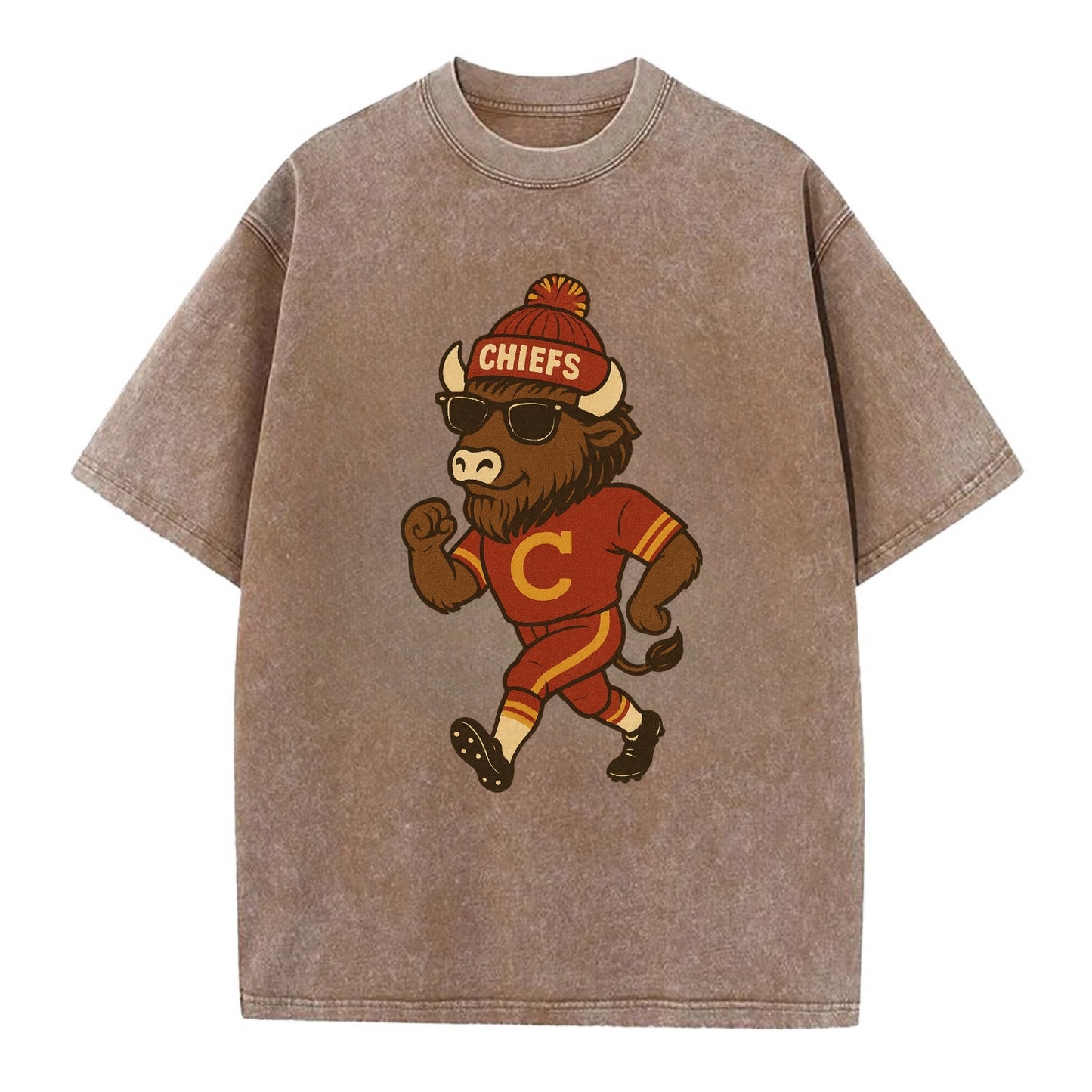KC Bison wearing Chiefs beanie with arrowhead patch and wayfarer sunglasses - Vintage T-shirt - Brown