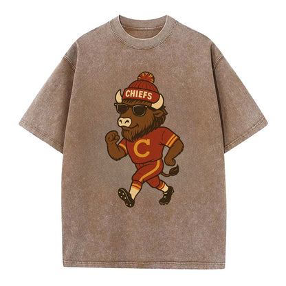 KC Bison wearing Chiefs beanie with arrowhead patch and wayfarer sunglasses - Vintage T-shirt - Brown