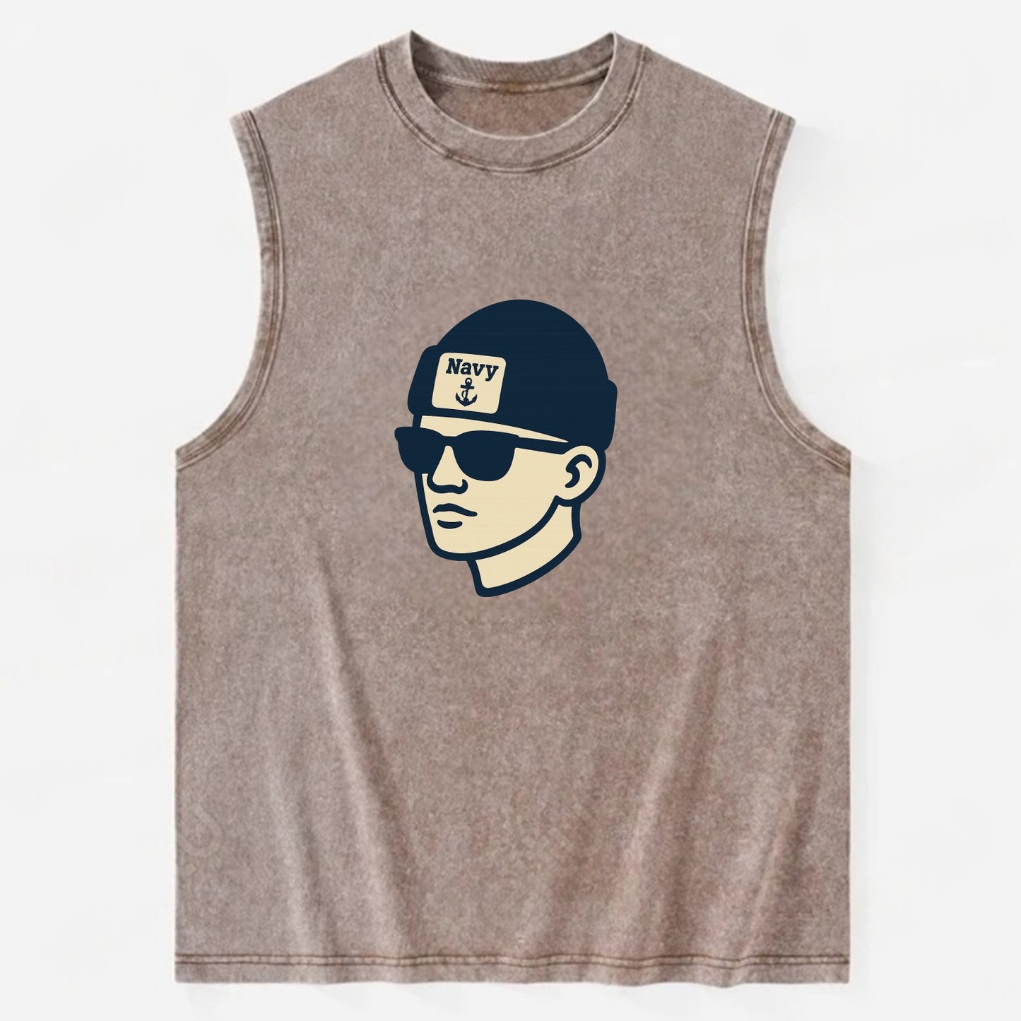 Annapolis Midshipman wearing Navy beanie with anchor patch - Vintage Washed Tank - Brown