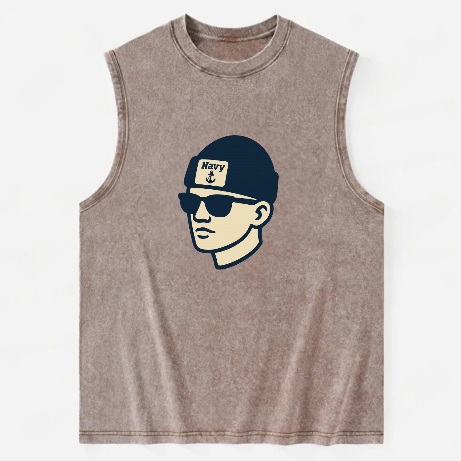 Annapolis Midshipman wearing Navy beanie with anchor patch - Vintage Washed Tank - Brown