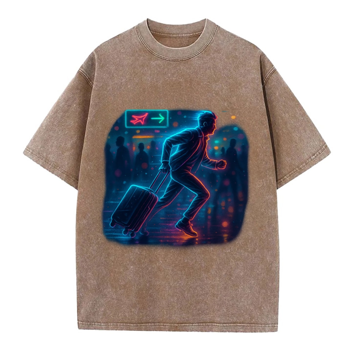 person running with luggage through crowded airport terminal - Vintage T-shirt - Brown