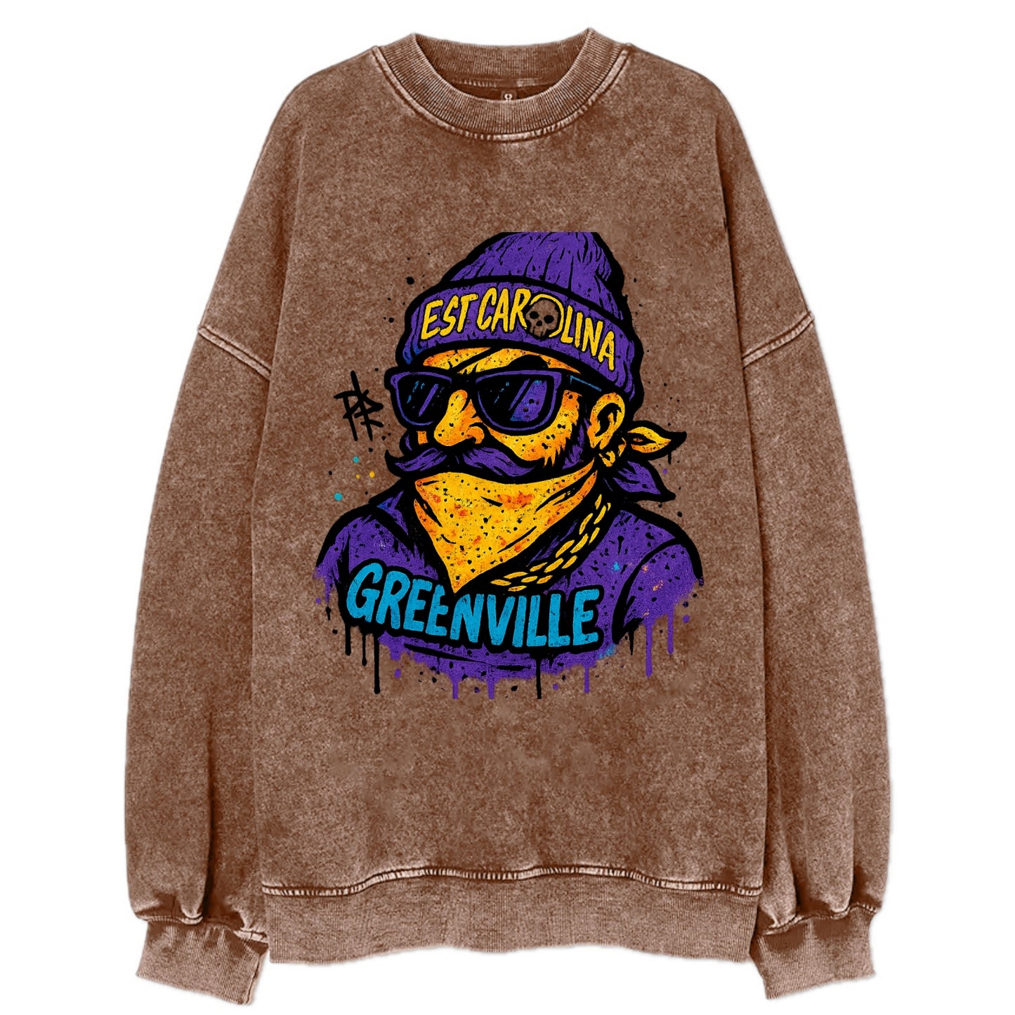 Greenville Pirate wearing East Carolina beanie with skull patch - Vintage Sweatshirt - Brown
